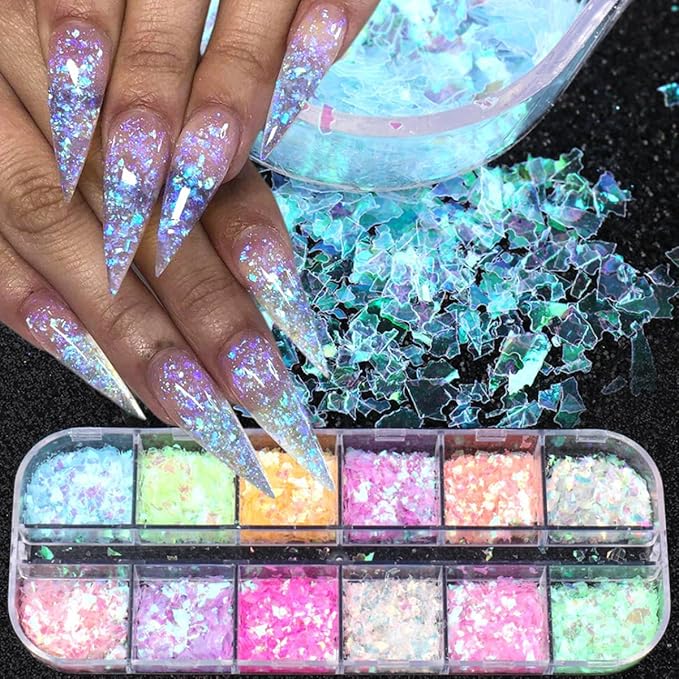 12 Colors Holographic Nail Art Glitter Sequins Iridescent Ice Slag Nail Glitter Laser Nail Art Flakes Colored Fluorescent Glass Paper Nail Sticker Decoration for Face Hand Body Make-Up DIY