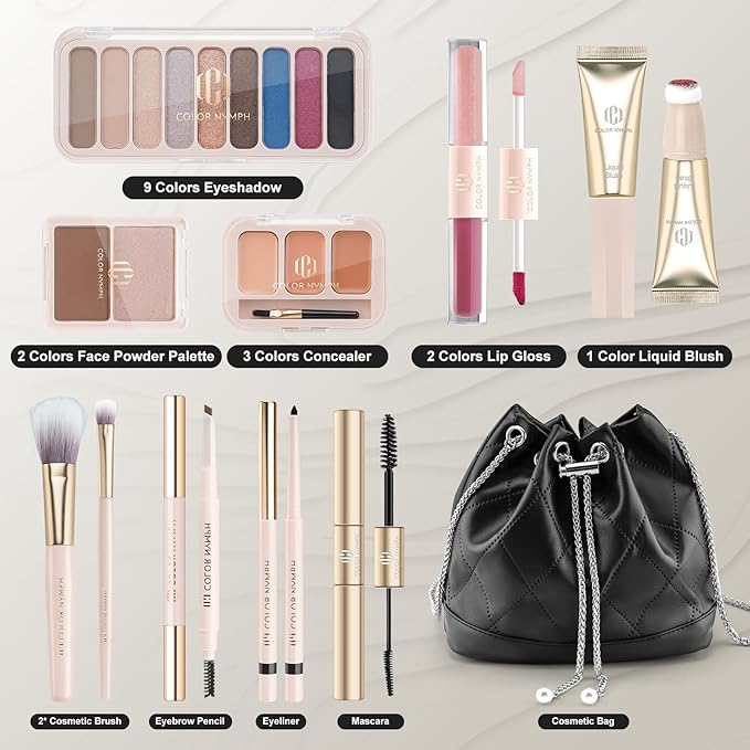 Color Nymph Girls Makeup Kit for Teens Girls with Cosmetic Bag, Full Face Makeup Kit For Women included 9 Color Eyeshadow Palette Concealer Liquid Blush Eyeliner Lipgloss