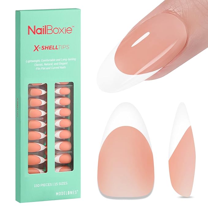 modelones French Tip Press on Nails, 150Pcs M-Almond Fake Nails with Nail Box, Deep Nude Gel Nail Tips for Women, Soft Glue-On Nails for Natural Salon Look, DIY Nail Art Kit (15 Sizes)