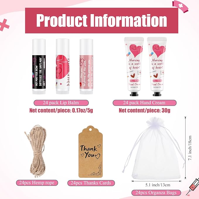 Nurse Appreciation Gifts Set Thank You Gifts Lip Balm Hand Cream for Dry Cracked Hands with Organza Bags Thank You Tags Jute for Party Holiday Nurse' Day(24 Sets)