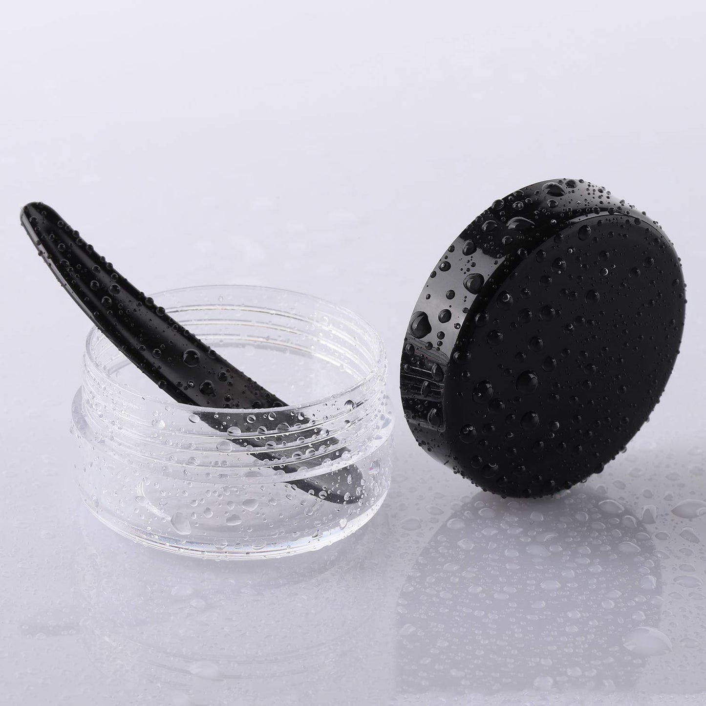 Refillable Cosmetic Sample Jars - 100 Pack 10g (0.35oz) Black Small Travel Containers with Lids + 10 Mini Makeup Spatulas - BPA Free