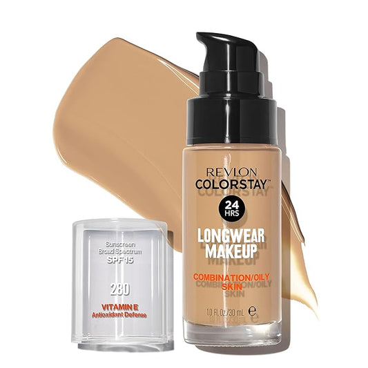 Revlon Liquid Foundation, ColorStay Face Makeup for Combination & Oily Skin, SPF 15, Medium-Full Coverage with Matte Finish, Tawny (280), 1.0 oz