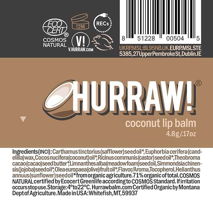 Hurraw! Coconut Lip Balm: Organic, Certified Vegan, Cruelty and Gluten Free. Non-GMO, 100% Natural Ingredients. Bee, Shea, Soy and Palm Free. Made in USA