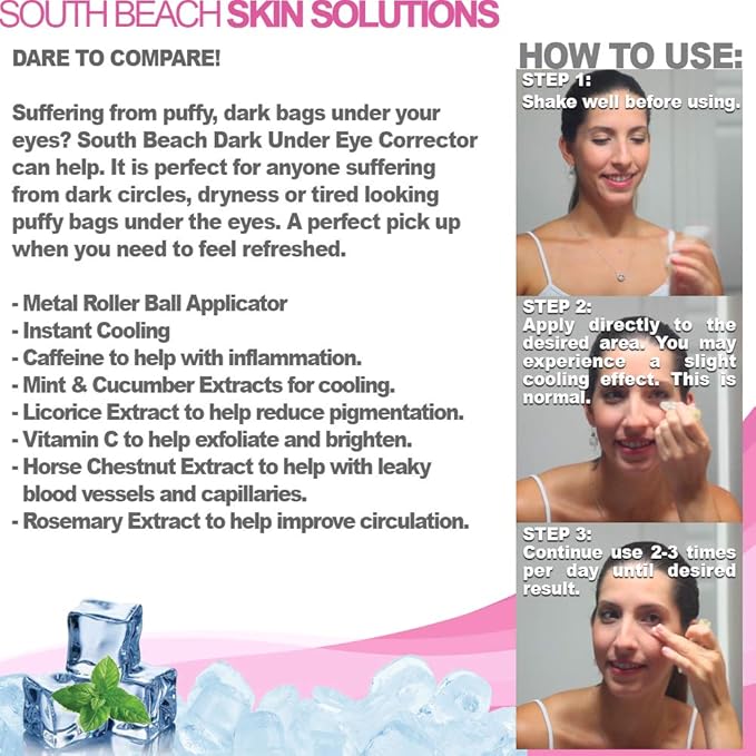 South Beach Dark Under Eye Corrector - Natural Salon Strength Anti Aging Under Eye Cream Treatment - Perfect for Tired Looking Dark Circles, Puffiness, Dark Bags, Dryness - Safe, No Harmful Chemicals