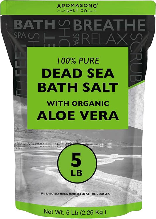 Aromasong Dead Sea Salt with Organic Aloe Vera, Spa Bath Salts, 5 Lbs Fine Bulk resealable Pack, 100% Pure & Natural, Soak for Women & Men for Tired Muscles & Skin Issues (Packaging May Vary)