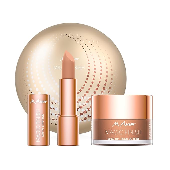M. Asam MAGIC FINISH Duo Set – Make-Up Mousse (1.01 Fl Oz) & Lipstick Hazelnut Heaven (0.14 Oz), 4in1 Primer, Foundation, Concealer and Powder & Satin Lipstick in creamy-nutty Nude Shade