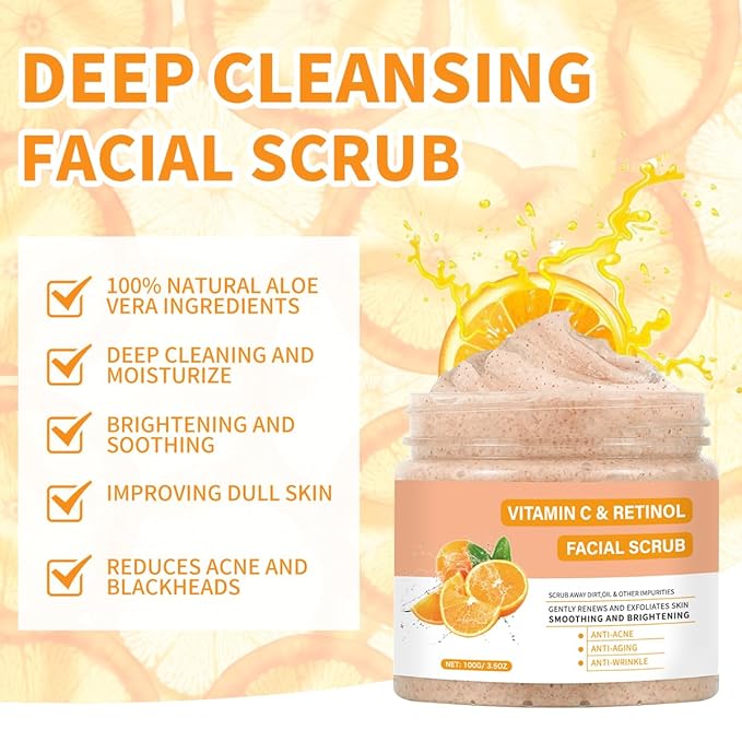 Vitamin C Face Scrub, Exfoliating Facial Wash with Retinol, Facial Scrub,Facial Exfoliating Scrub, Facial Scrubs for Women,Deep Cleansing Face Wash Cleanser for Women Men