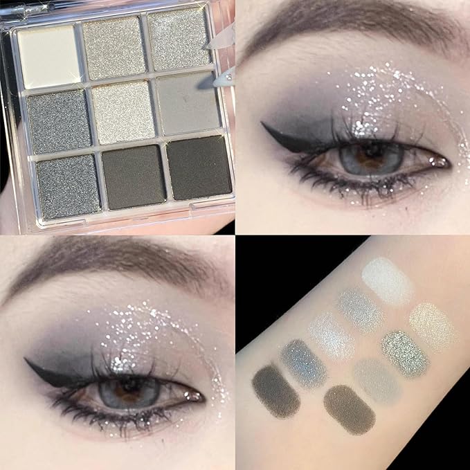 Erinde Black Smokey Gray Silver Eyeshadow Palette, 9 Colors Matte Shimmer Glitter Eye Shadow Makeup Pallet, Highly Pigmented Long Lasting Waterproof, Natural Neutral Shiny Eyeshadow Make Up Palette
