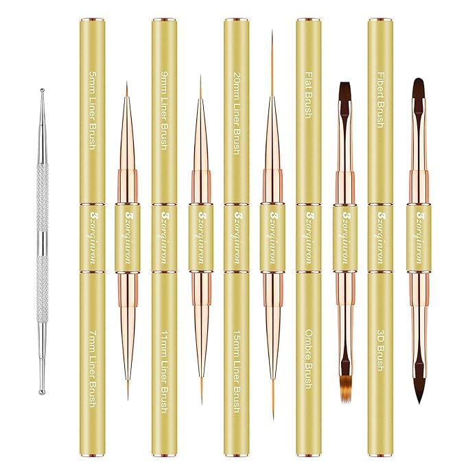 Nail Art Brushes for Nail Art, Professional 5Pcs Double-Ended Acrylic Nail Brush Set for Details, Long Lines, Ombre & 3D Design-Perfect for DIY Manicures & Salons (Gold)