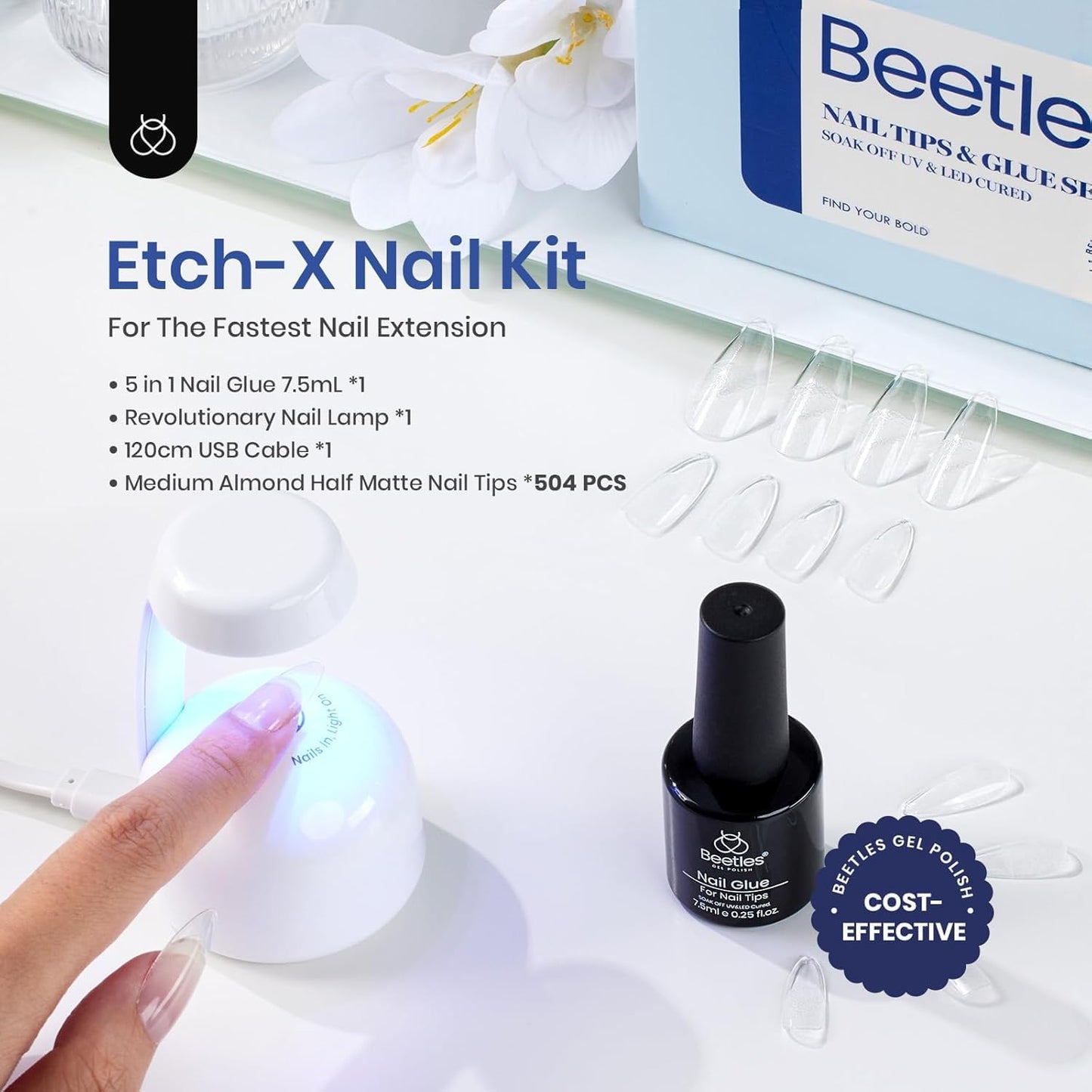 Beetles Gel Nail Kit Etch-X, Almond Medium, 500pcs 12 Sizes, with 9 in 1 Glue Mini Nail Lamp, Fall Nails, Pre-Etched Half Matte Easy Extension Set for Home DIY Salon Manicure Art