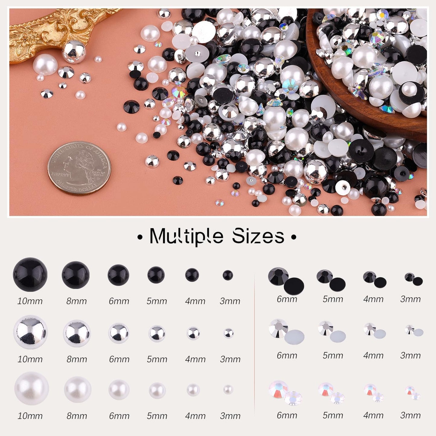 80g Flatback Pearls and Rhinestones for Crafting, Black White 3-10mm Resin Rhinestones and Half Pearls for Bedazzling, Nail Art and Dec with 3pcs 10ml B7000 Jewelry Glue, Tweezer and Pickup Pencil