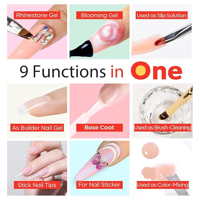 modelones Nail Glue for Nail Tips, 9 in One Glue for Press Ons, Clear Tips, Need U V Light Cured, 15ML