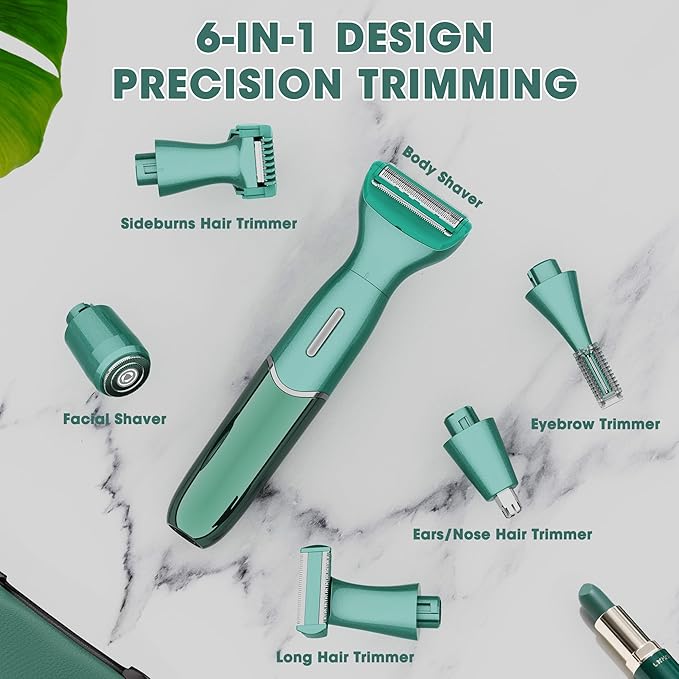 Karrte 6-in-1 Electric Razor for Women's Pubic Hair, Painless Body Shaver and Facial Epilator, Hair Removal for Face, Bikini Trimmer for Women's Private Area Green