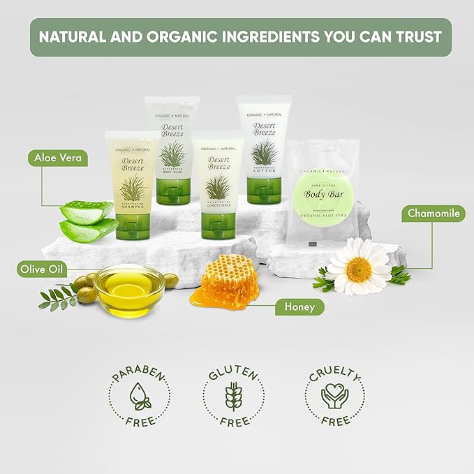 Amenity & Accessory Kit | 1 oz Travel Size Shampoo, Conditioner, Lotion, Body Wash, Body Bar, Cleansing Bar, Shave & Dental Sets, Make-Up Remover Wipes, & Vanity Kit | 1 set per case