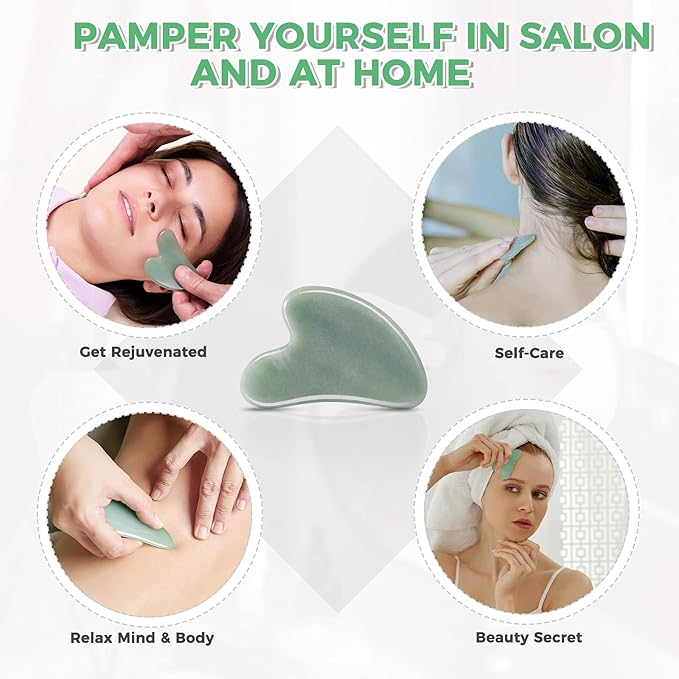 Gua Sha Guasha Facial Tools - Guasha Tool for Face Gua Sha Jade Stone Larbois Gua Sha Scraping Massage Tool for Face and Body SPA Acupuncture Therapy Relieve Muscle Tension Reduce Puffiness (Green)