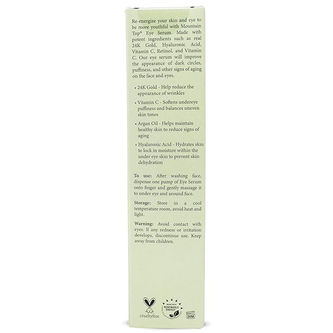 MOUNTAIN TOP Eye Serum Infused with 24K Gold, Vitamin C, Argan Oil, Hyaluronic Acid - For a Tighter Lift and Reduction in Appearance of Wrinkles, Fine Lines, and Dark Circles (1.7oz)