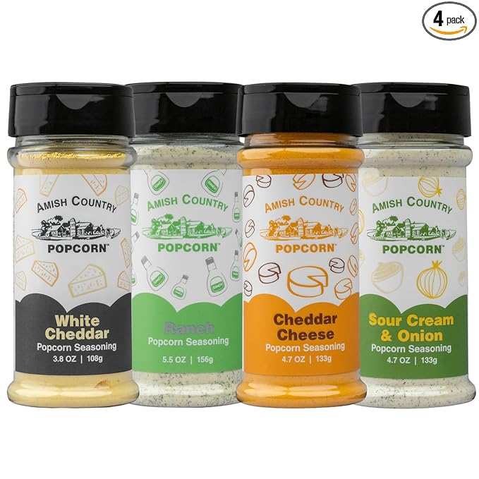 Amish Country Popcorn | Seasoning Variety Pack | 4 Bottles | White Cheddar - Cheddar Cheese - Sour Cream & Onion -Ranch | Nut Free | Old Fashioned, Non-GMO and Gluten Free