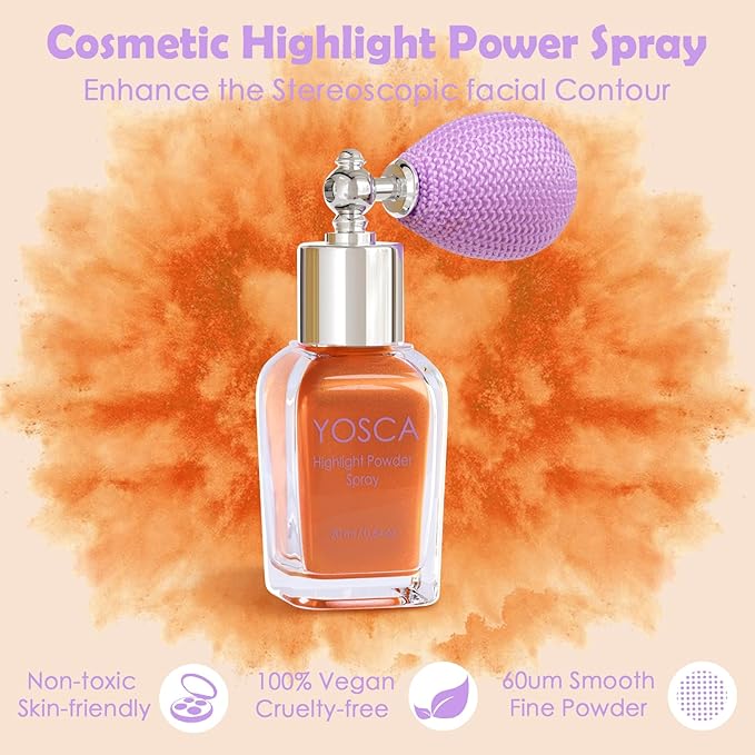 Yosca Highlighter Powder Spray, 20ML Cosmetic Grade Shimmer Powder Red Glitter Spray Sparkle Highlighter Makeup Festival Concert Accessorise for Rave Clothes Hair Face Nail Art - Atardecer