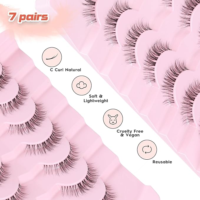 Eyelashes Natural False Lashes 14mm Eye Lashes with Thin Band 3D Volume Fake Eyelashes C Curl Wispy Lashes Natural Look 7 Pair