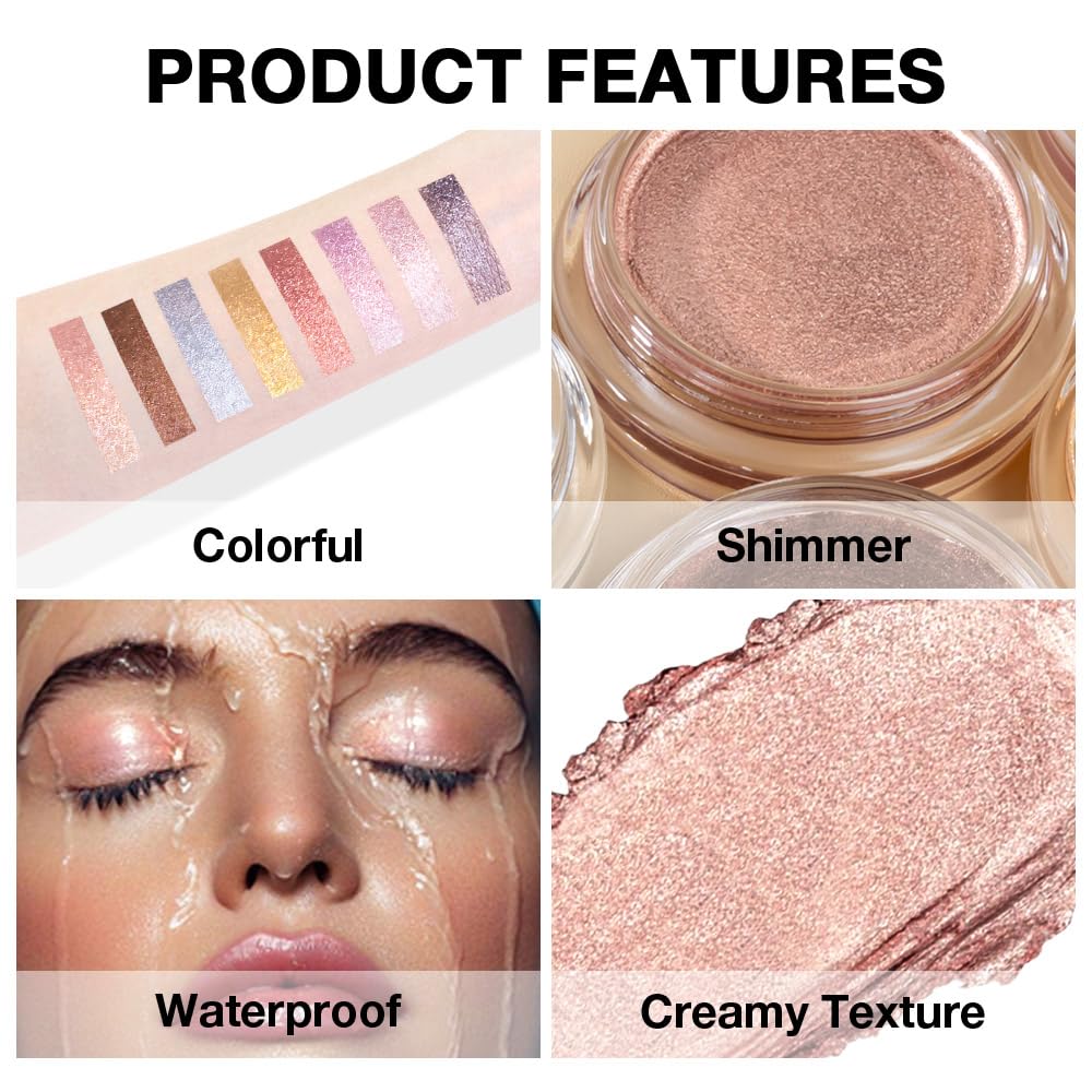 Glitter Shimmer Metallic Cream Eyeshadow Palette Makeup, Rose Gold Natural Single Mini Instant Holographic Eyeshadow For Women, Sombras Crema Para Ojos, Talc, Paraben & Cruelty Free