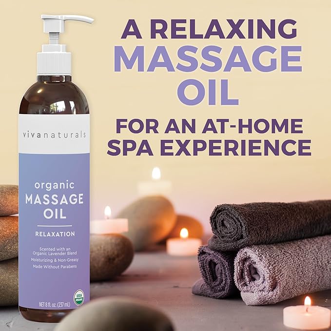 Viva Naturals Organic Massage Oil (8 fl. oz.) - Lavender Scented Non-Greasy Body Massage Oil with Mess-Free Pump, Moisturizing Massage Oils for Massage Therapy, Non-GMO and Certified Organic, 237 mL
