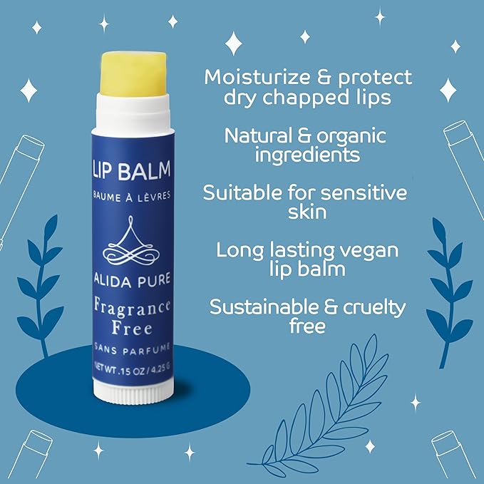 Fragrance Free Lip Balm, Vegan Lip Balm Set, Unscented, No Flavor, Beeswax Free, Organic Jojoba Oil, Avocado Oil, Vitamin E, Natural Moisturizer for Dry, Chapped, or Cracked Lips 5 Tube Set