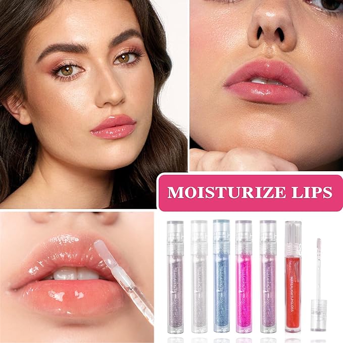 6 PCS Clear Glass Hydrating Lip Gloss Set,Essence Lip Stick Jelly Toothed Lip,Plumping Lip Oil Long Lasting Moisture,Lip Treatment,Lip Balm Kit,Lip Stains For Women,Lip Makeup