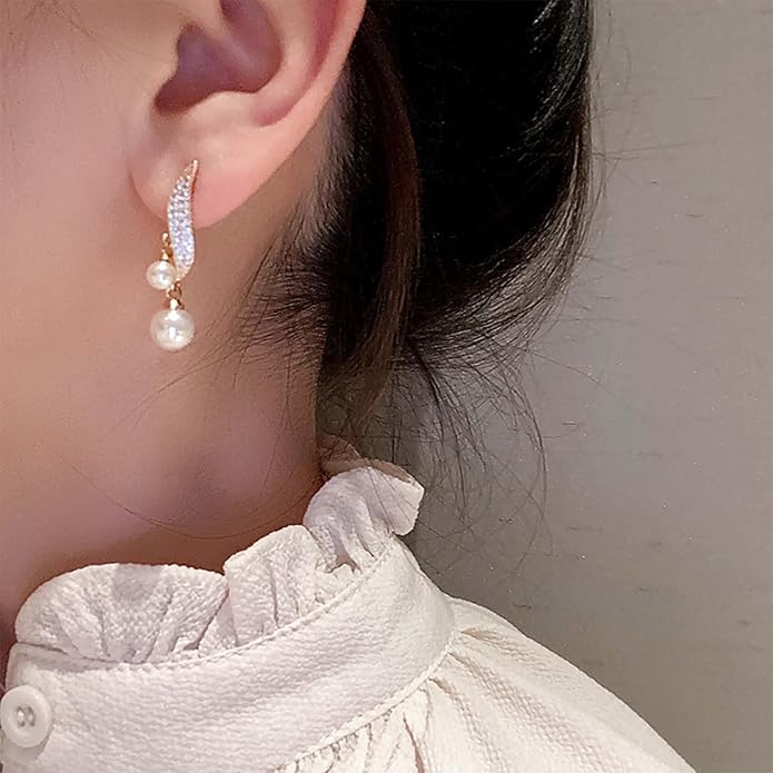 Vintage Crystal Pearl Drop Earrings Sparkly Leaf Earrings Rhinestone Pearl Dangle Earrings Gold Cz Spiral Leaf Earring Jewelry for Women