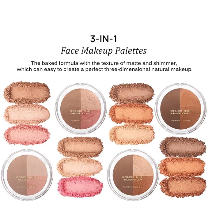Baked Blush Highlight Bronze Powder 3-in-1 Contour Palette Sculpt Satin Silky Smooth Makeup Palettes Powder (003-Medium)