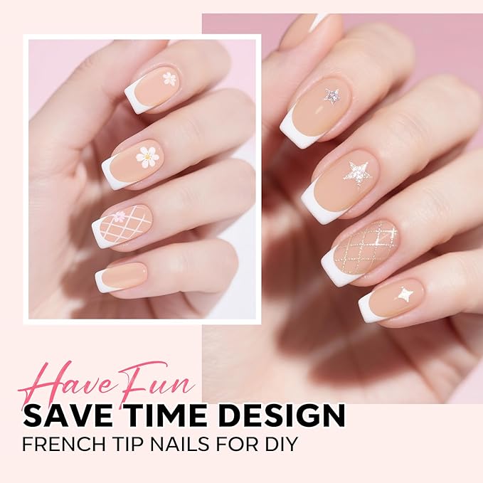 modelones French Tip Press on Nails, Short Square Fake Nails with Nail Box, Nude Gel Nail Tips for Women, Soft Glue-On Nails for Natural Salon Look, DIY Nail Art Kit