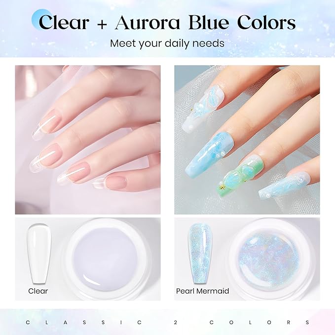 MIZHSE Non-Sticky Solid Builder Gel, Aurora Blue and Clear Sculpting Gel for Nails, Mermaid Pearl Building Carving Modeling Hard Extension 3D Nail Art Salon Home DIY