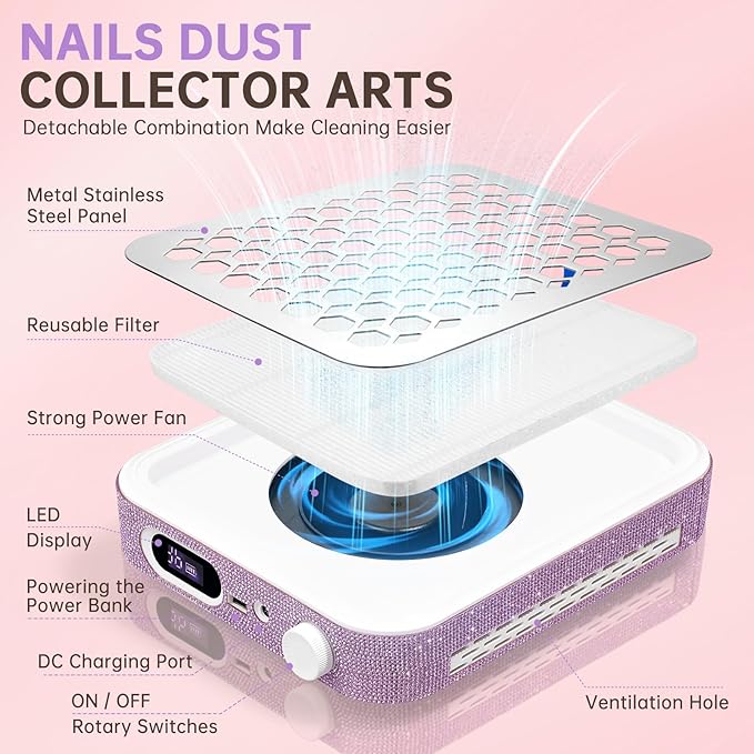 Nail Dust Collector, Rechargeable Dust Collector Nail Tech, Powerful Vacuum Fan Vent Dust Collector Extractor Dust Suction Machine for Acrylic Nails Polishing, Nail Salon&Home,Purple