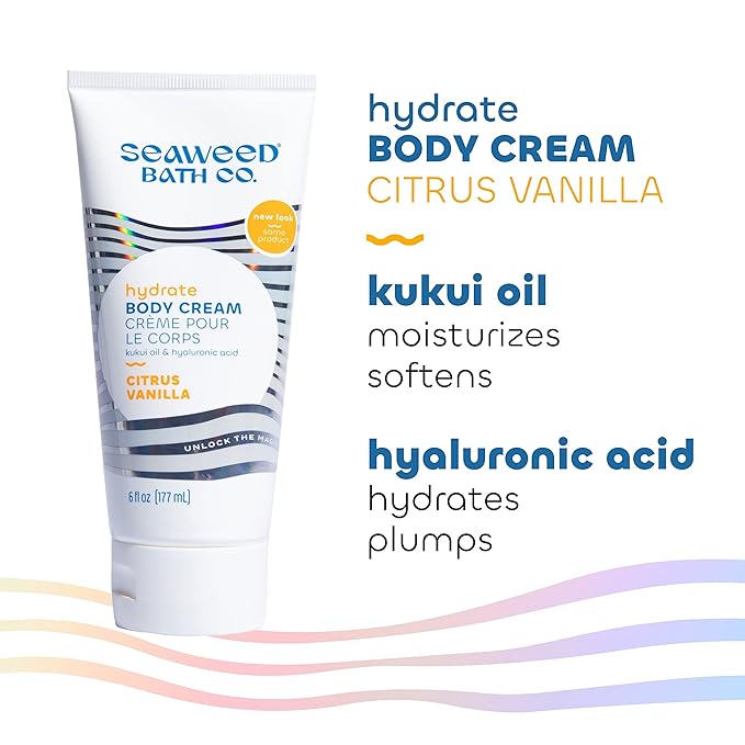 Seaweed Bath Co. Hydrate Body Cream, Citrus Vanilla Scent, 6 Ounce, Nourishing Hand & Body Lotion Moisturizer for Dry Skin, with Sustainably Harvested Seaweed, Kukui Oil, Hyaluronic Acid, Shea Butter