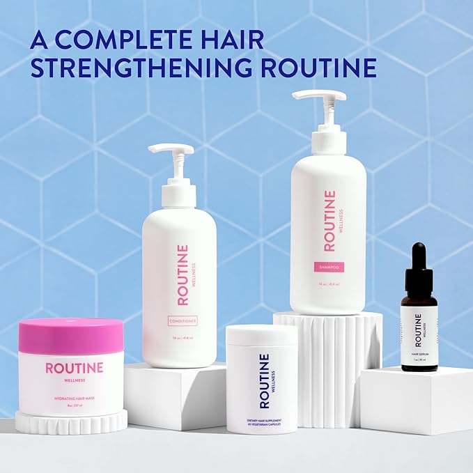 Routine Wellness Shampoo and Conditioner Set and Hair Serum for Thinning Hair - DHT Blocker Women & Men - Color Safe Shampoo for Hair Loss & Healthier Hair - Coconut & Vanilla Set + Serum