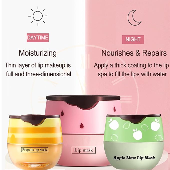 3 PCS Bee Lip Balm Lip Mask Honey Pot, Honey & Strawberry & Apple Lime Lip Mask Overnight Propolis Moisturizing Lip Balm with Stick,Hydrating Repair Lip Sleeping Mask,Prevention Dry and Cracked