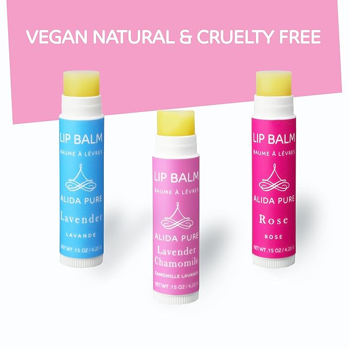 Floral Lip Balm Collection, Vegan Lip Balm Set, Beeswax Free, with Avocado Oil, Organic Jojoba Oil, and Vitamin E, Natural Moisturizer for Dry, Chapped or Cracked Lips, 3 Tube Set