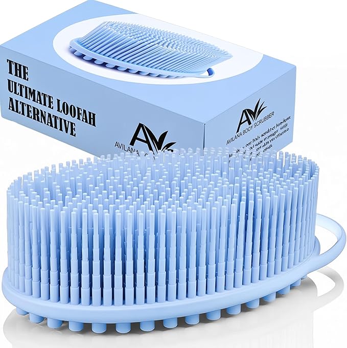 Avilana Silicone Body Scrubber – Gentle Shower Brush & Loofah Alternative- Food Grade & Lab Tested – Fast-Drying, Hygienic, BPA-Free Silicone Body Gentle Exfoliator (Blue, Massage)
