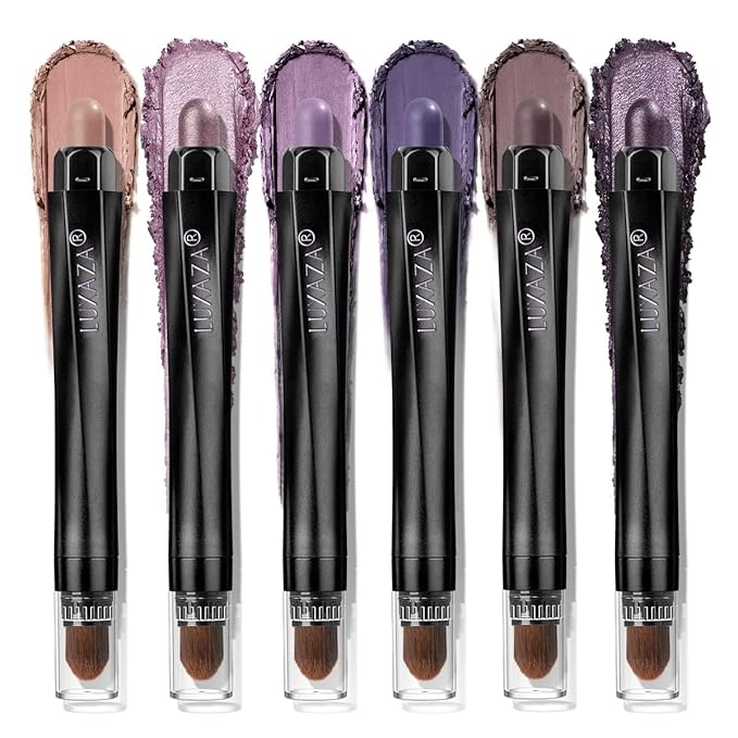 Purple Eyeshadow Stick Makeup 6PCS Set, Metallic Shimmer Matte Cream Eye Shadow Palette Brightener Pencil Crayon - BLUEBERRY