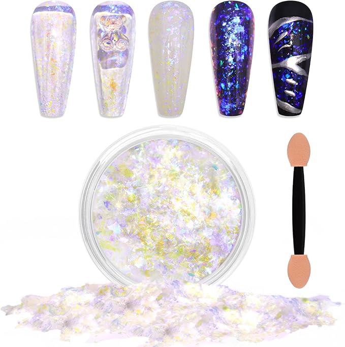 Laza Starry Night Chameleon Flakes Nail Glitter Irregular Opal Nail Foil Flakes Chunky Confetti Color-Shift Sequins Iridescent Fairy Dust for Mermaid Nails Design, Nail Decorations for Nail Art