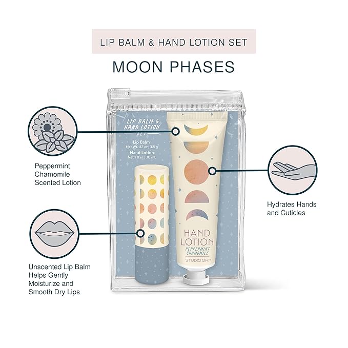 Studio Oh! Lip Balm & Hand Lotion Set - Travel-Size Toiletries, 2-Piece Gift Set - Moisturizing, Portable - Moon Phases