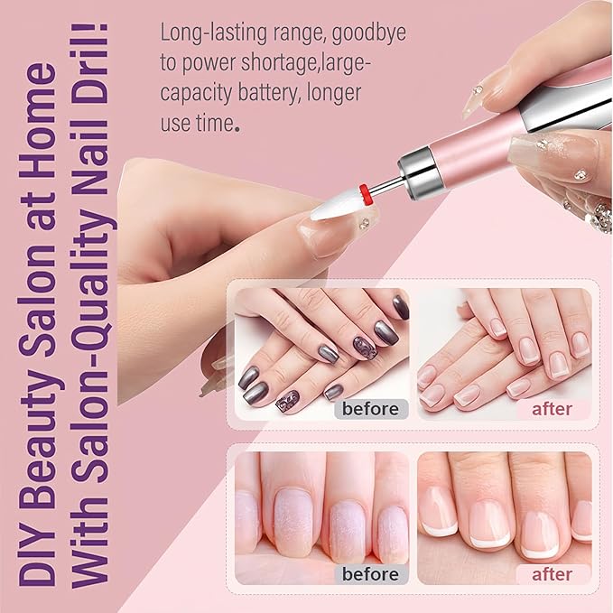 Electric Nail Drill File Cordless,Portable Rechargeable Nail File Kit for Acrylic & Gel Nails,Professional Efile for Manicure Pedicure Polishing,with 12 Nail Drill Bits 31 Sanding Bands,Rose Gold