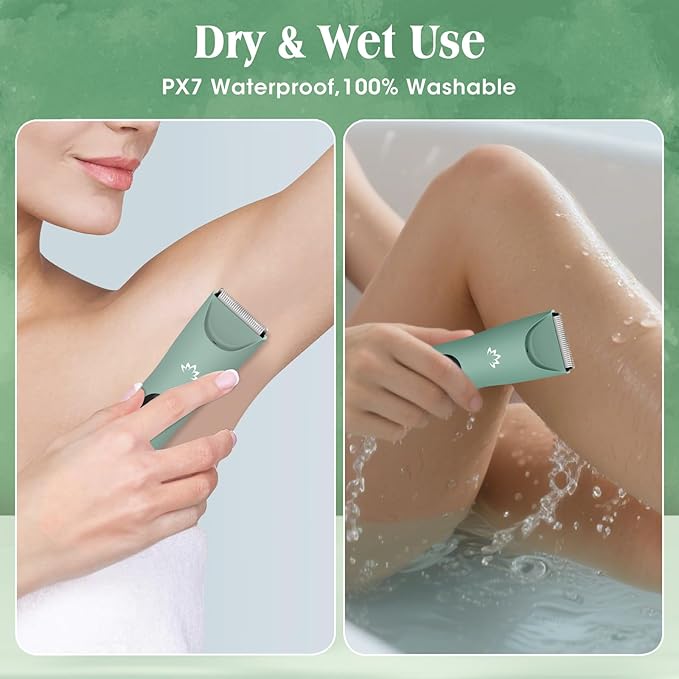 Electric Bikini Trimmer for Women,Electric Razors for Women,Cordless Pubic Hair Trimmer,IPX7 Waterproof & LED Display Mens Ball Trimmers Bikini Shaver for Underarm Leg Arm,Gifts Green