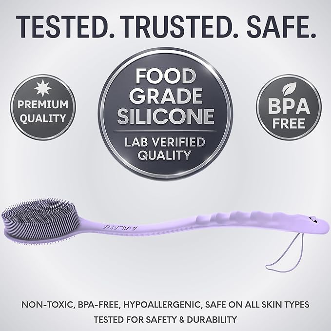 Avilana Silicone Body Scrubber – Gentle Shower Brush & Loofah Alternative- Food Grade & Lab Tested – Fast-Drying, Hygienic, BPA-Free Silicone Body Gentle Exfoliator (Lavender, Long Handle)