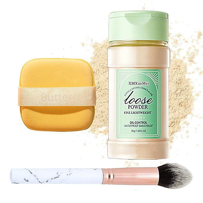 Lightweight Setting Powder,Waterproof Oil Control Translucent Face Powder,Smooth Long Lasting Matte Finish Loose Powder with Face Makeup Brush & Powder Puff（Natural Color）