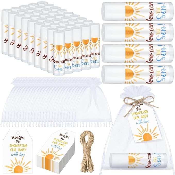Dunzy 50 Pack Here Comes the Son Baby Shower Party Gifts Lip Balms Favors Bulk for Guests Boys Girls Gender Reveal Favors Baby Shower Game Prizes Souvenirs Goodie Bags Stuffers Thank You Gifts