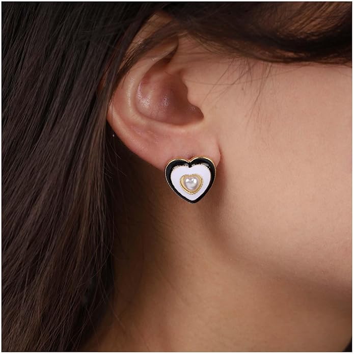 Vintage Pearl Heart Stud Earrings Enamel Heart Earrings Heart Love Earrings White Minimal Earrings Jewelry for Women