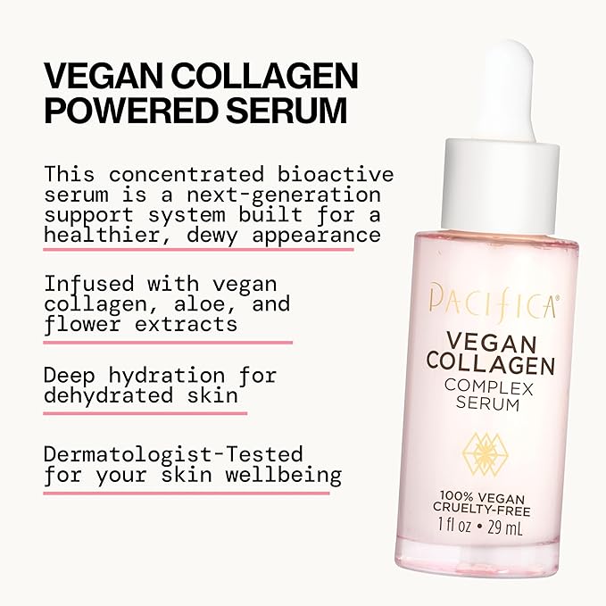 Pacifica Vegan Collagen Complex Face Serum Anti Aging Hydrating Serum w/Hyaluronic Acid for Plumping & Firming Collagen Boosting Facial Serum for Fine Lines & Wrinkles Clean Dermatologist Tested