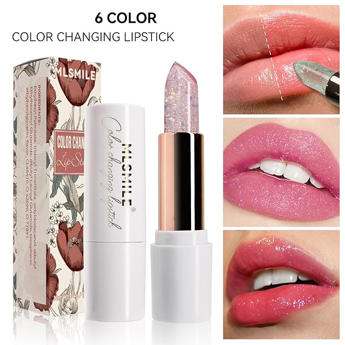Pink Shimmer Lipstick, Ph Mood Magic Color Changing Lip Balm Plumping Glimmer Glow Lipstick Hydrating Lip Glow Oil Lasting Tinted Lip Balm Moisturizing Lips Care Temperature Jelly Lipstick(3#)