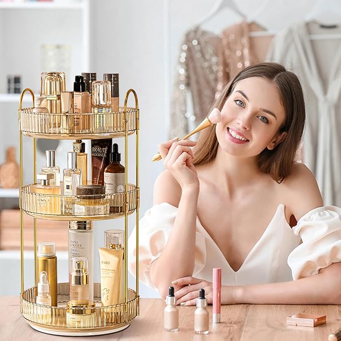 Rotating Makeup Organizer for Vanity, High-Capacity Skincare Clear Make Up Storage Perfume Organizers Cosmetic Dresser Organizer Countertop 360 Spinning (Gold, 3 Tier)