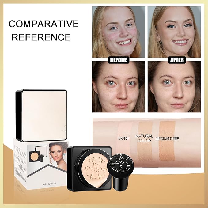 Air Cushion CC Cream Mushroom Head - Moisturizing & Oil Control Screw Lid Concealer Makeup Base, Primer Liquid Foundation Long Lasting with Mushroom Makeup Sponges for All Skin Types (Natural)